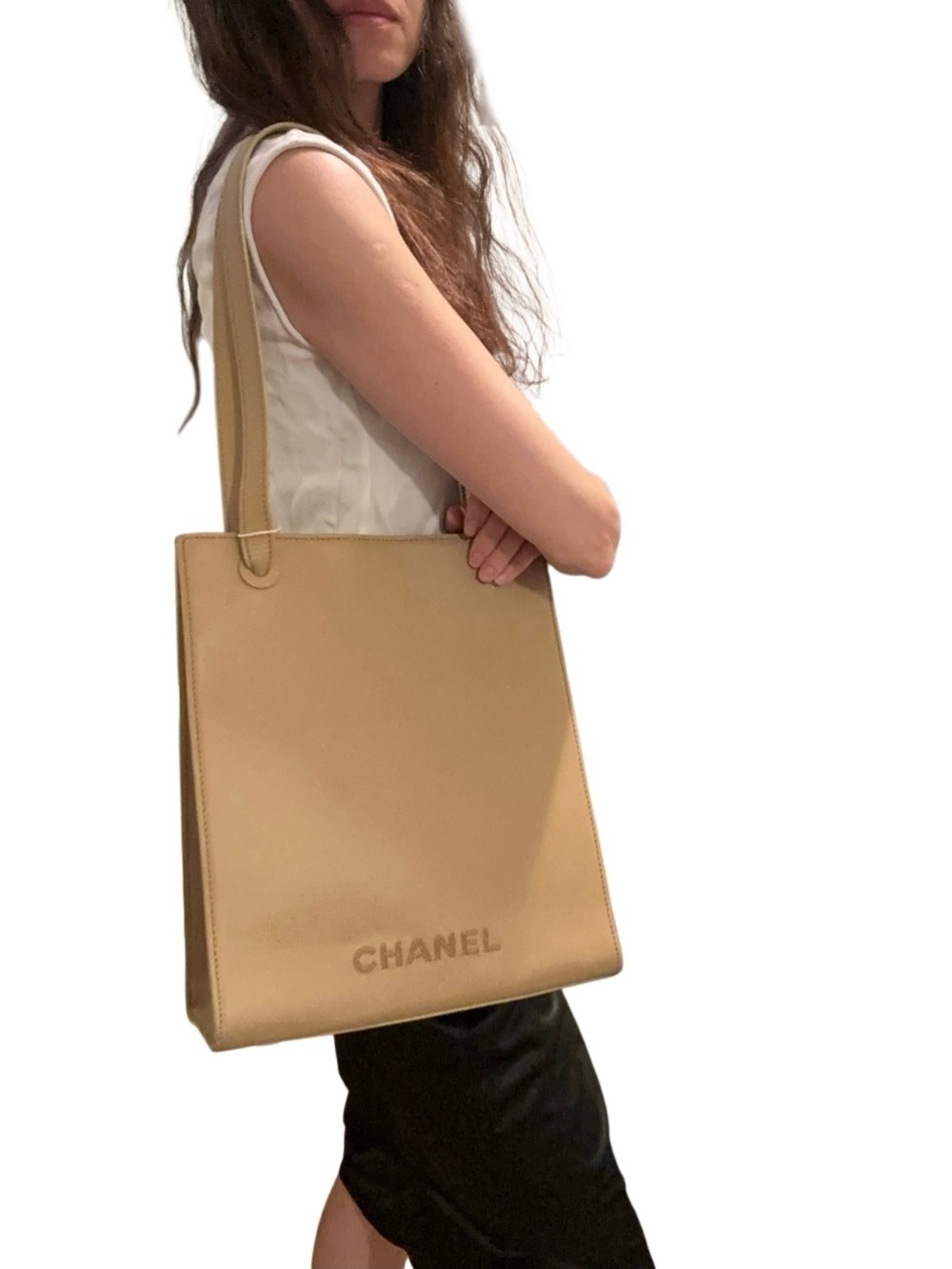CHANEL caviar Tan Leather Shoulder Tote with Subtle Logo